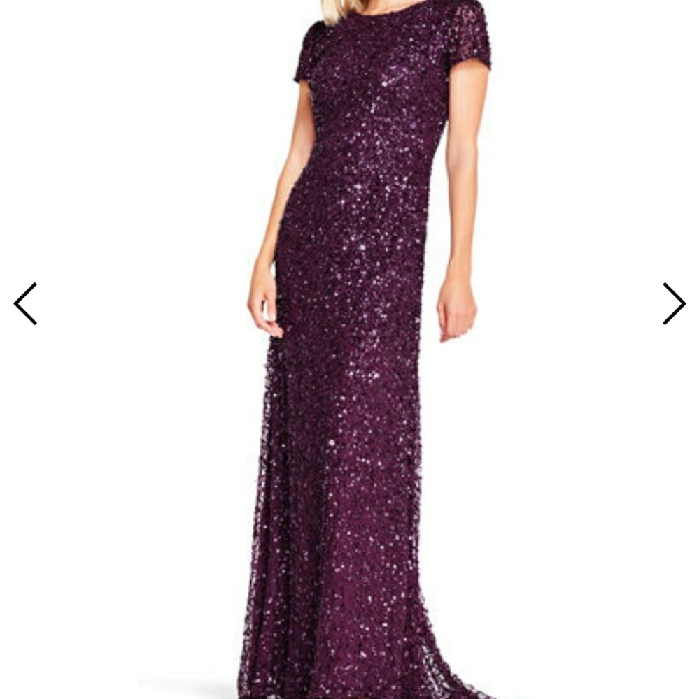 Adrianna Papell Plum Sequin Short-Sleeve Evening Gown